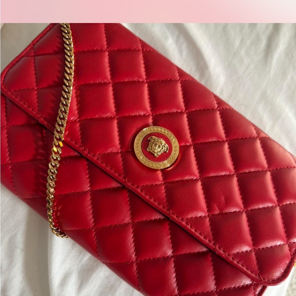 Versace Red Quilted Envelope Clutch with Gold Medallion